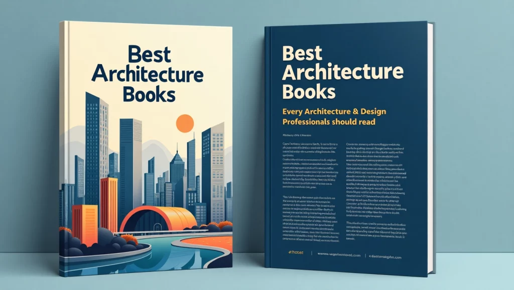 Stack of architecture books with modern covers, titled 'Best Architecture Books' on a clean white background.