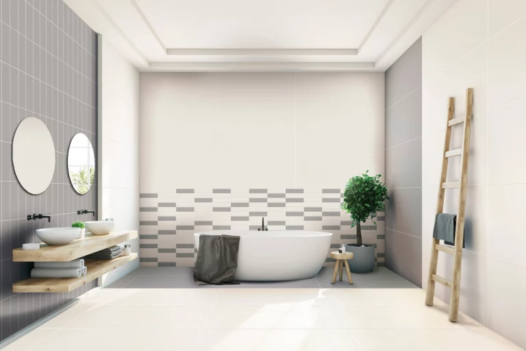 White,And,Blue,Bathroom,Interior,With,A,Round,White,Tub,