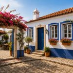 Sunlit Portuguese Courtyard with Bougainvillea